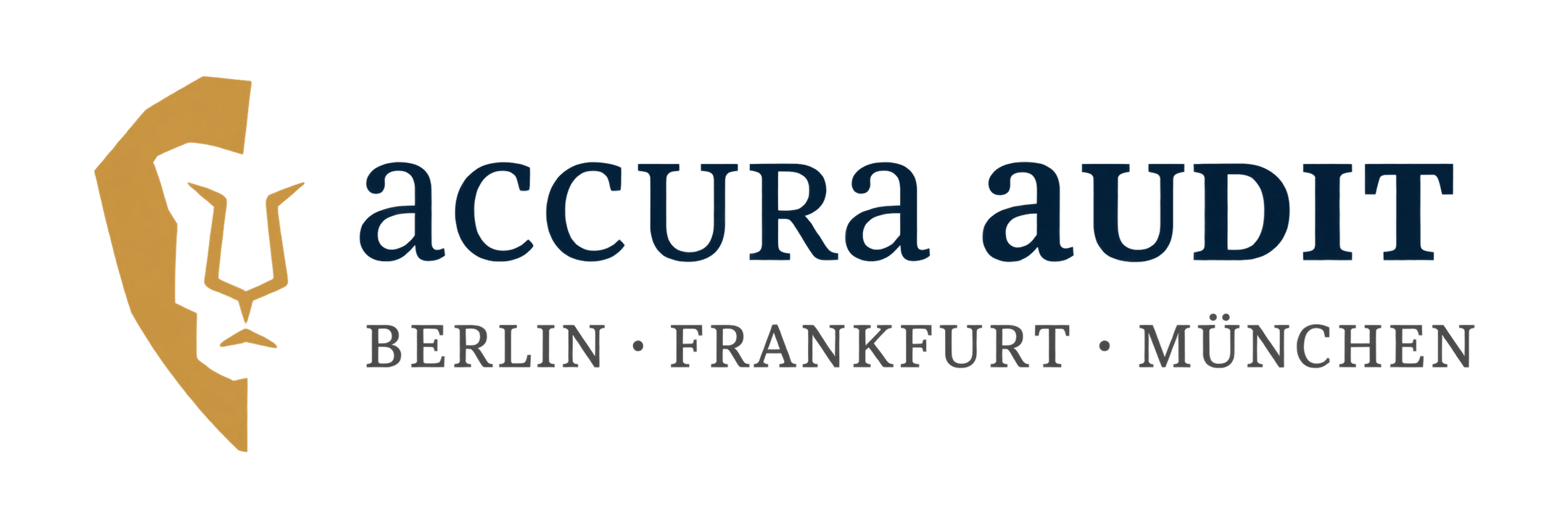 Logo der accura audit GmbH Wirtschaftsprüfungsgesellschaft mit Löwenkopf und Standorten Berlin, Frankfurt, München